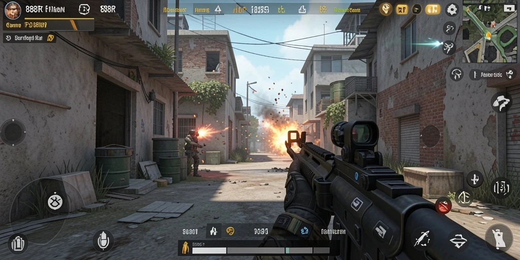 Screenshot gameplay menunjukkan momen intens tembak-menembak di 888R.