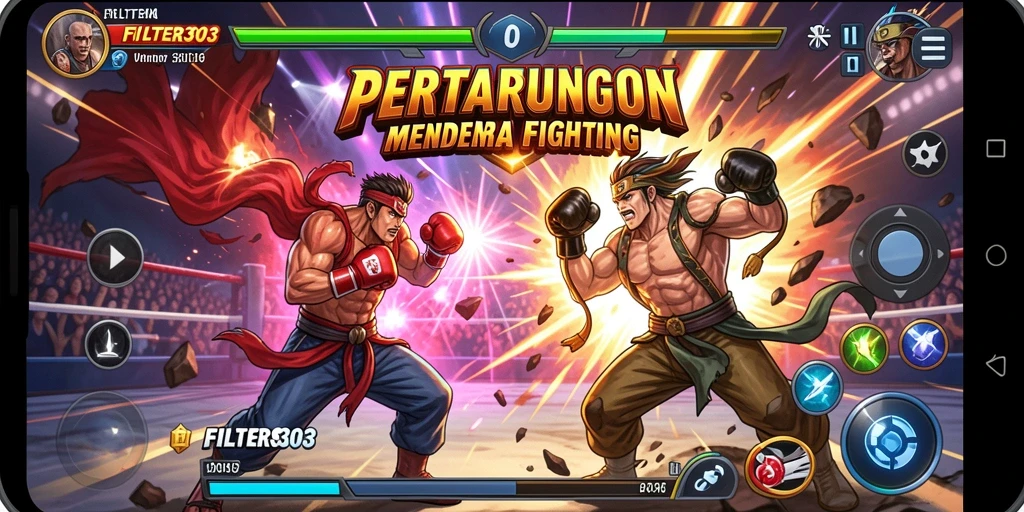 Screenshot menunjukkan pertarungan intens dalam game Fighting FILTER303.