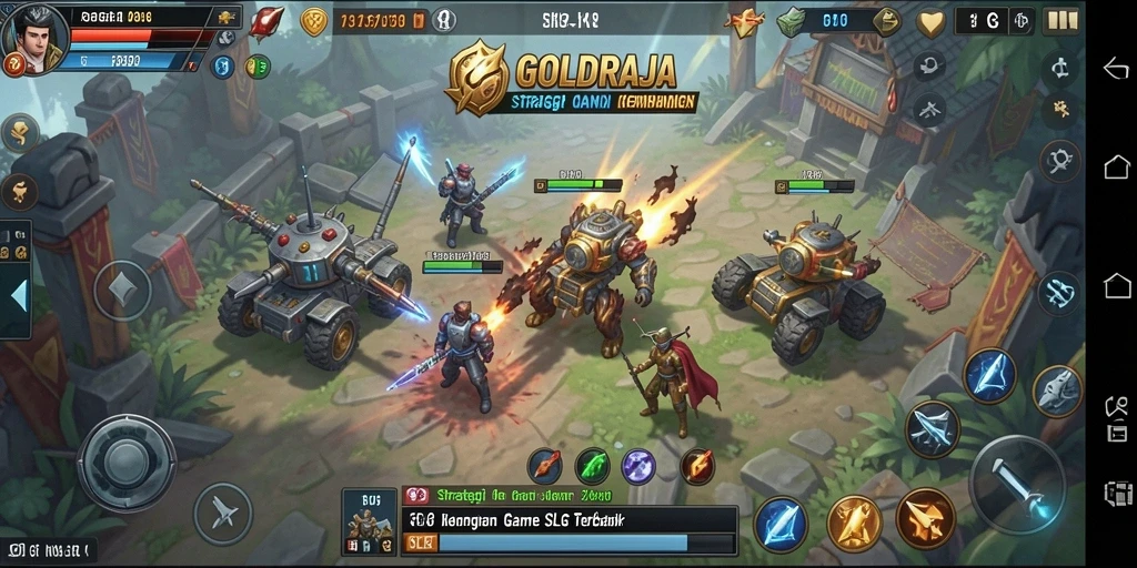 Tangkapan layar gameplay GOLDRAJA dengan aksi peperangan yang mendebarkan.