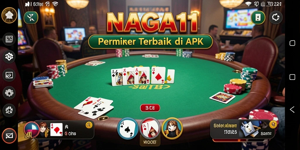 Screenshot gameplay NAGA11 menampilkan meja poker yang penuh aksi.