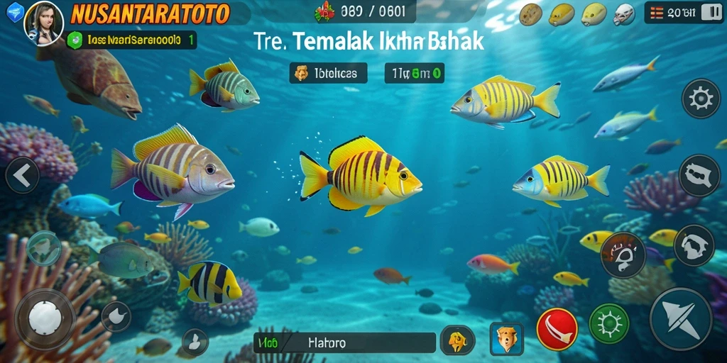 Tampilan gameplay seru NUSANTARATOTO dengan warna cerah dan ikan yang beraneka ragam.