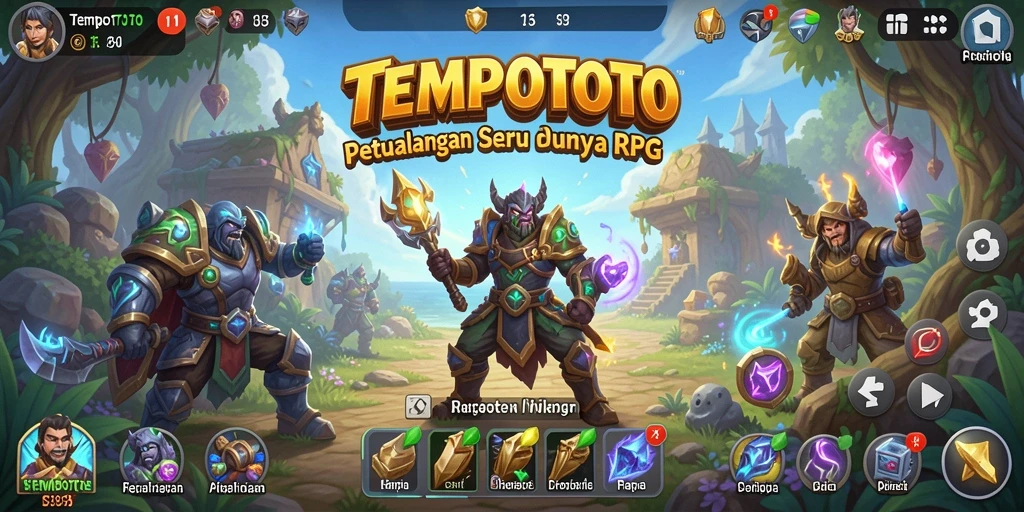 Tangkapan layar TEMPOTOTO menampilkan aksi pertempuran epik dalam petualangan RPG.